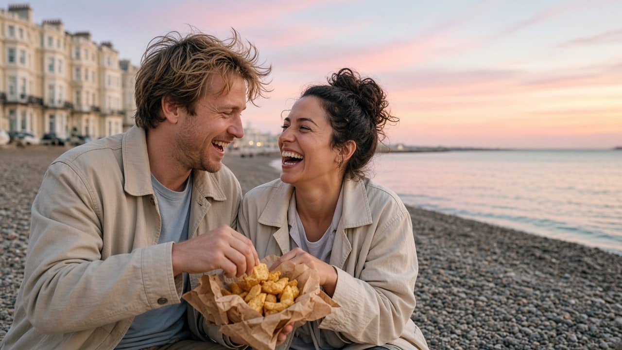 Two people chatting on a first date in Brighton