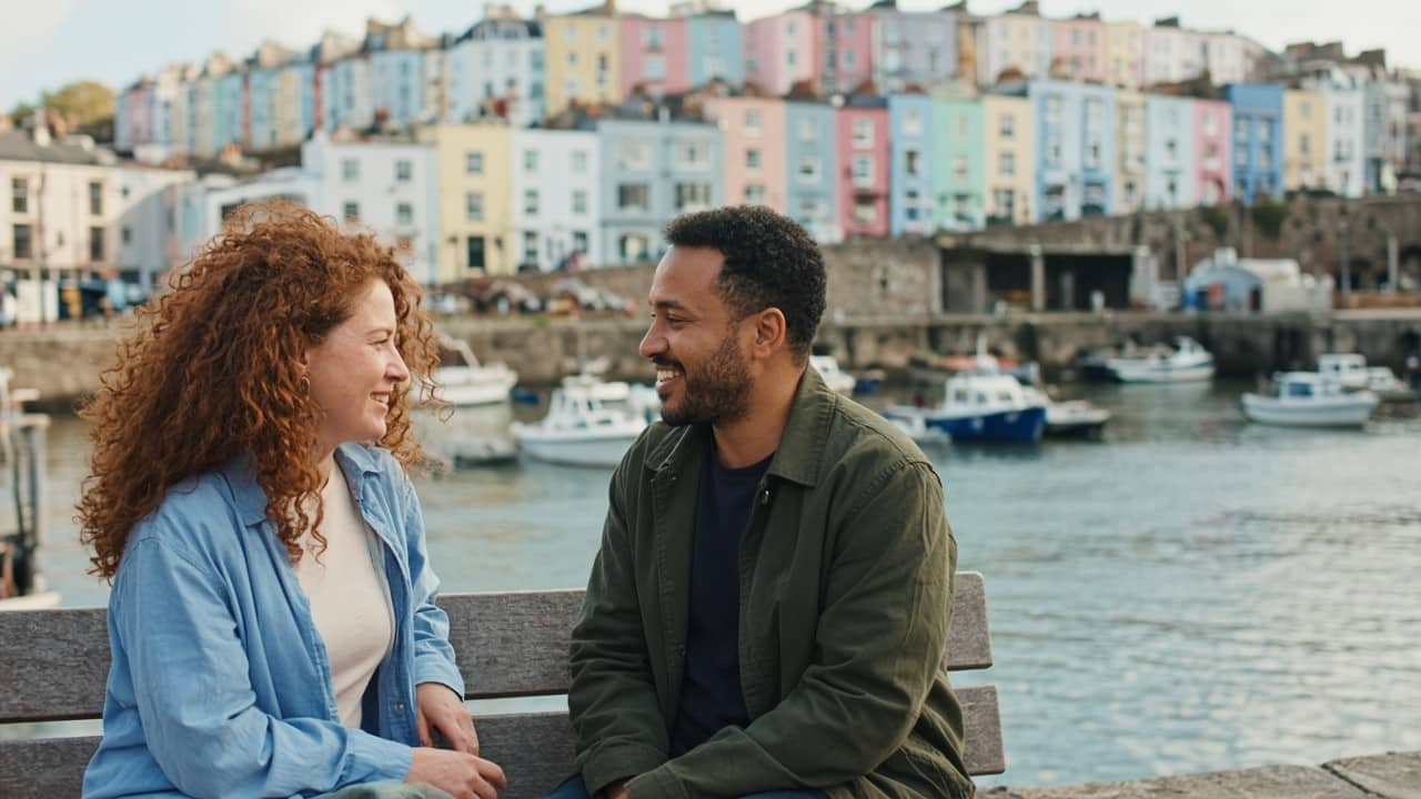 Two people chatting on a first date in Bristol