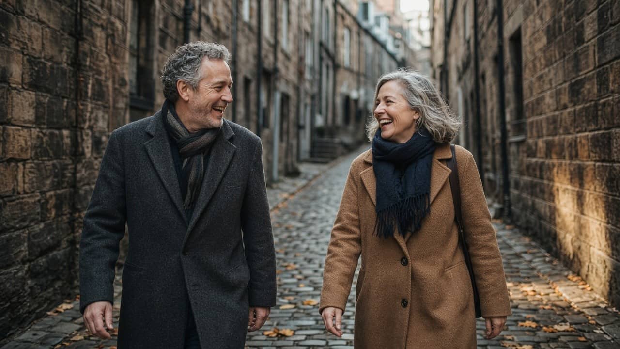 Two people chatting on a first date in Edinburgh