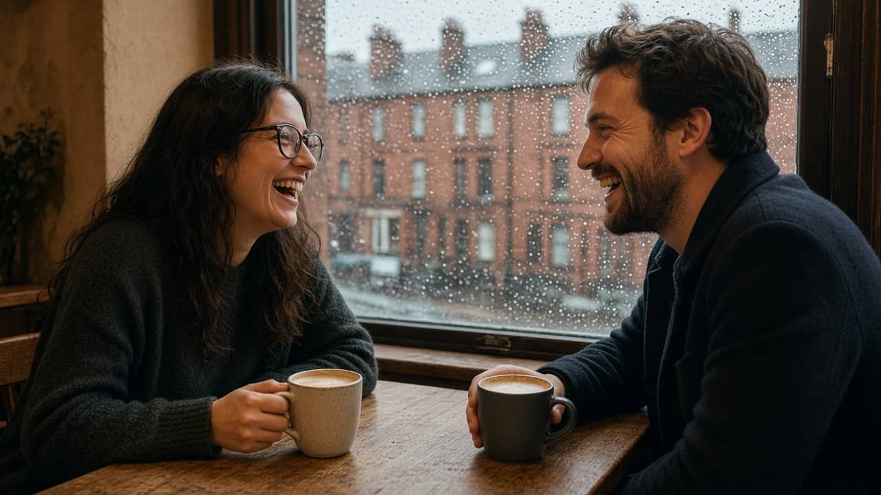 Two people chatting on a first date in Glasgow