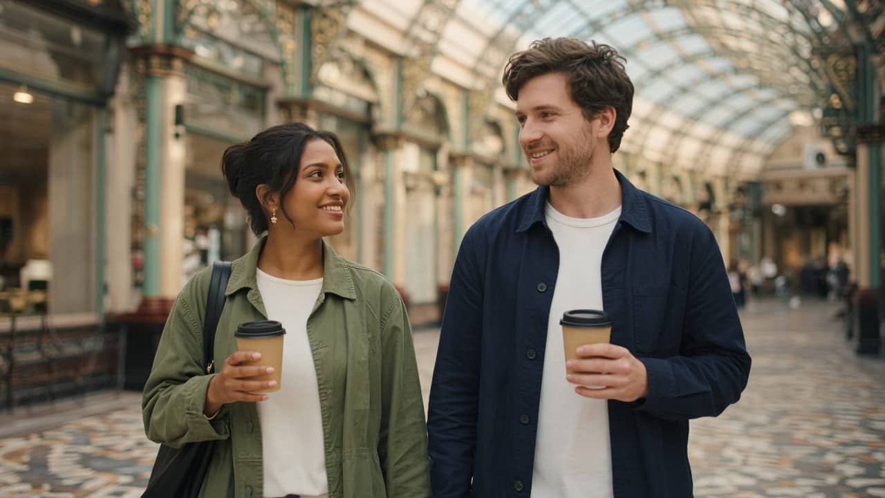 Two people chatting on a first date in Leeds