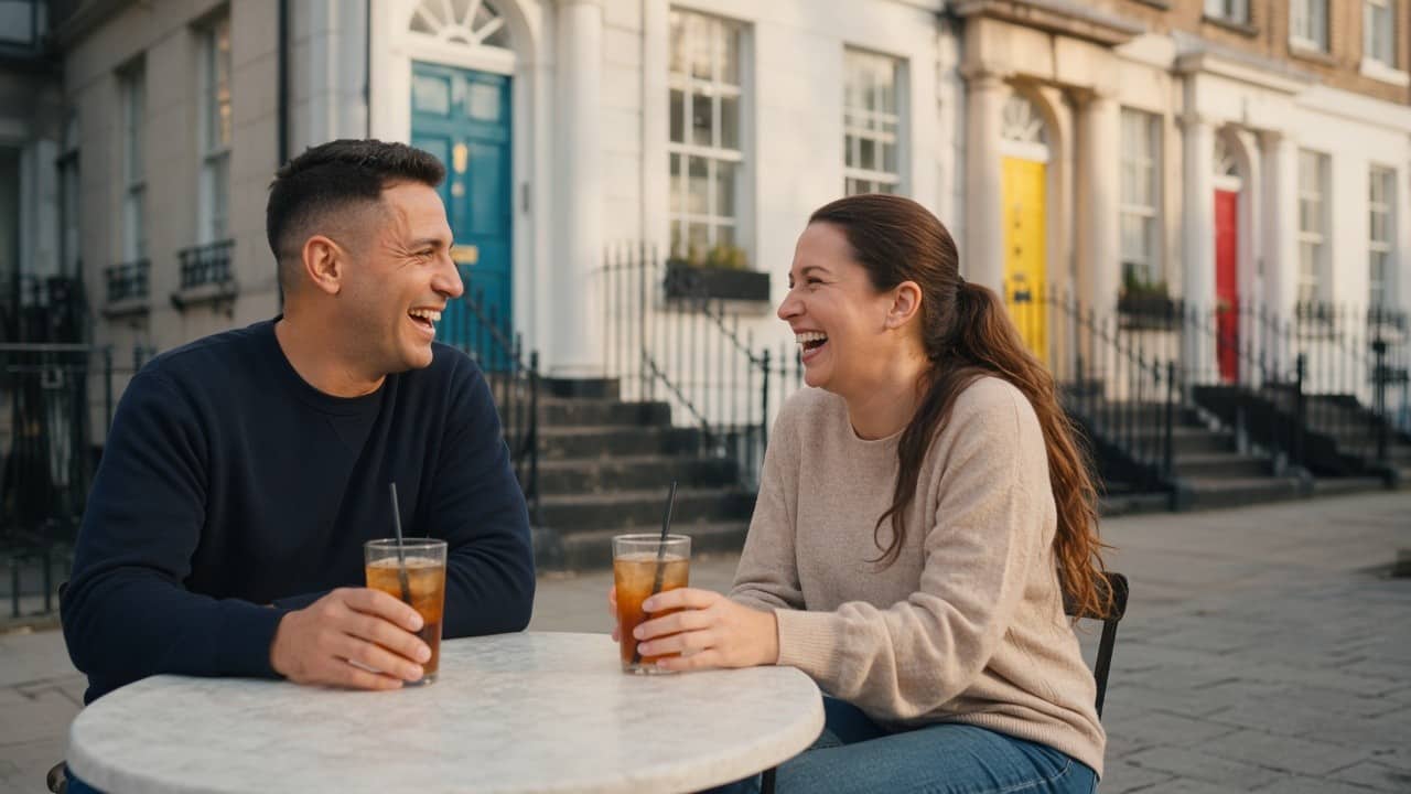 Two people chatting on a first date in Liverpool
