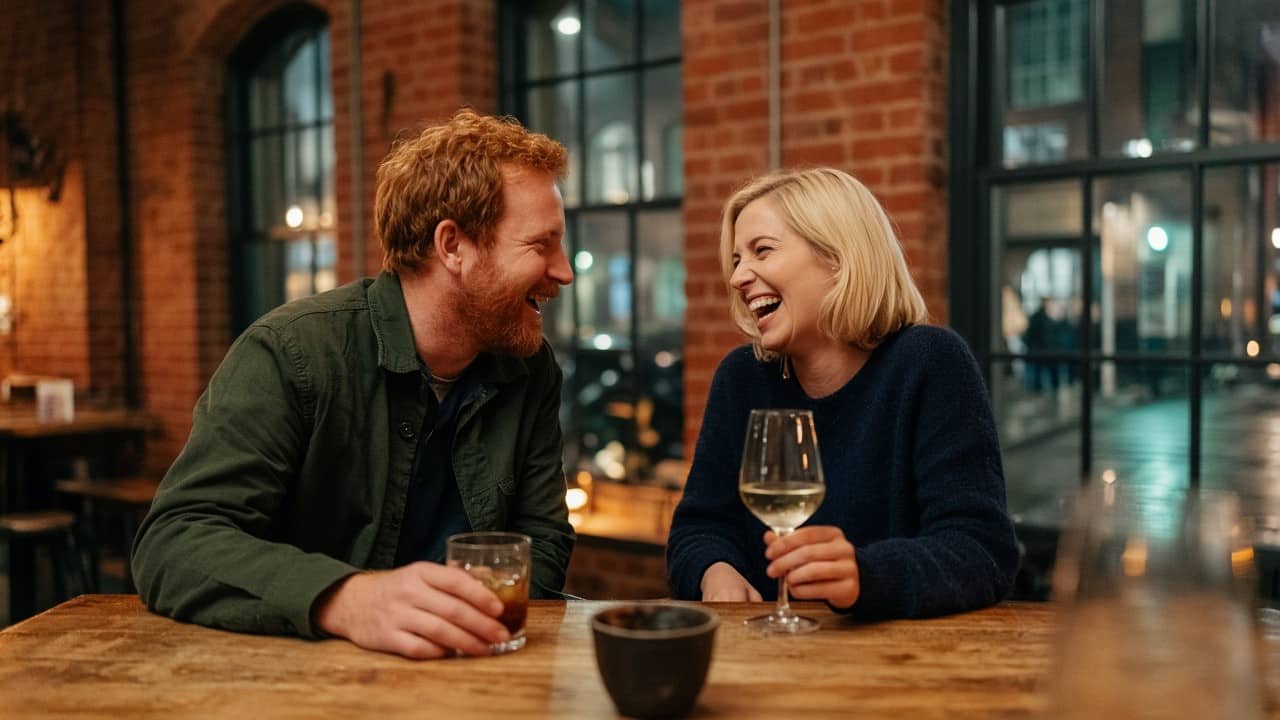 Two people chatting on a first date in Manchester