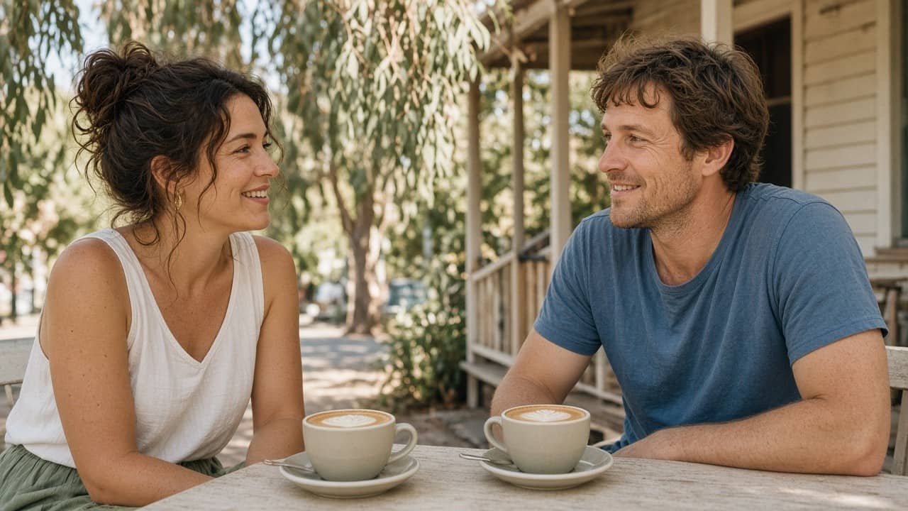 Two people chatting over coffee at a sunny cafe