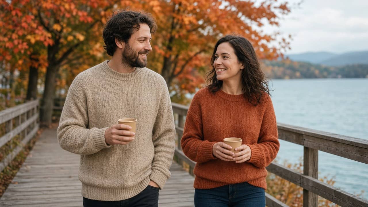 Two people walking by a lake among autumn maples