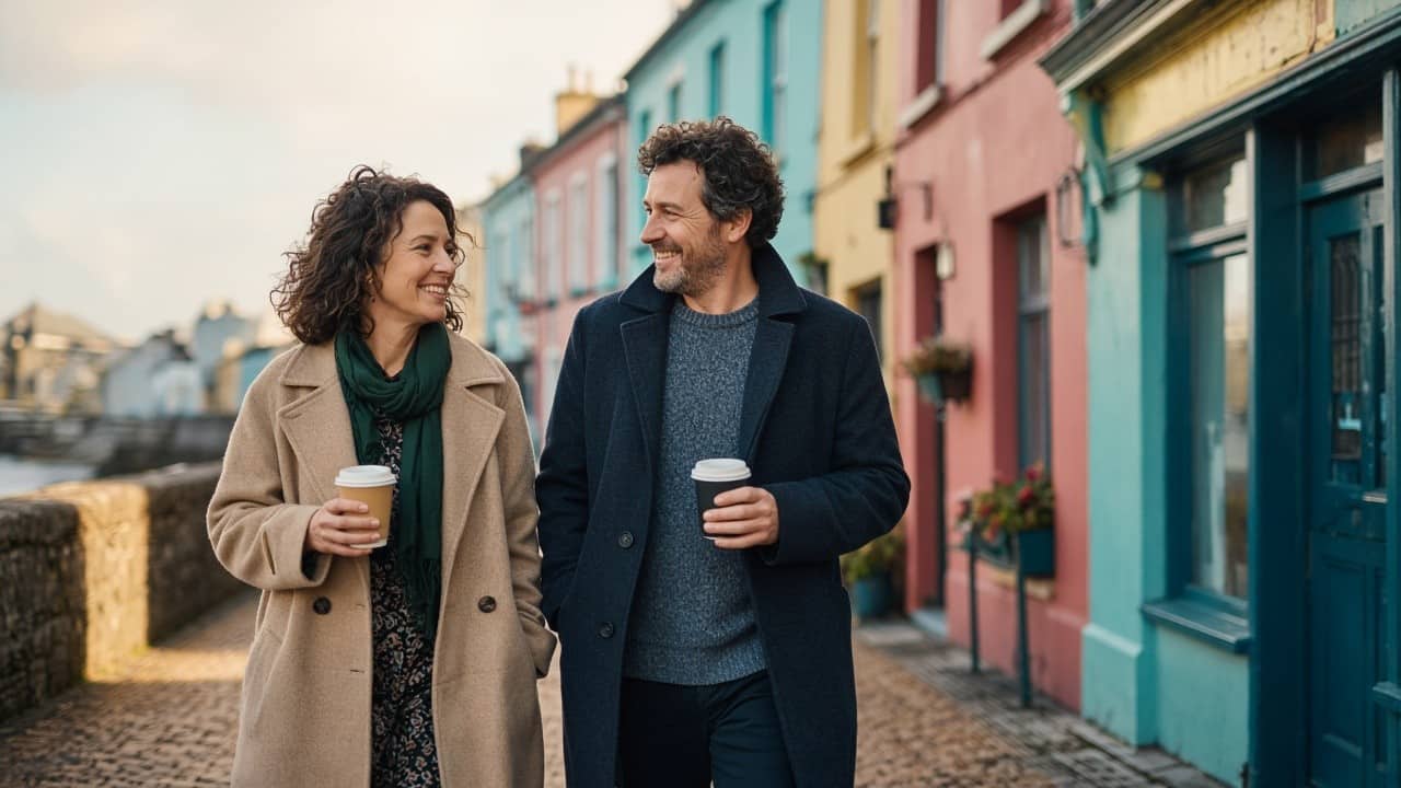 Two people chatting on a colourful Irish town street