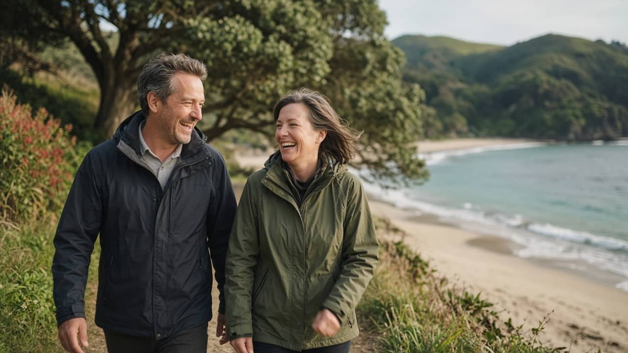 Two people walking a coastal track above a beach