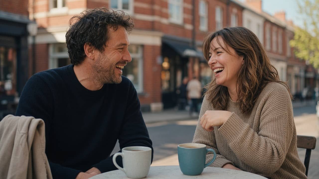 Two people laughing over tea outside a British cafe