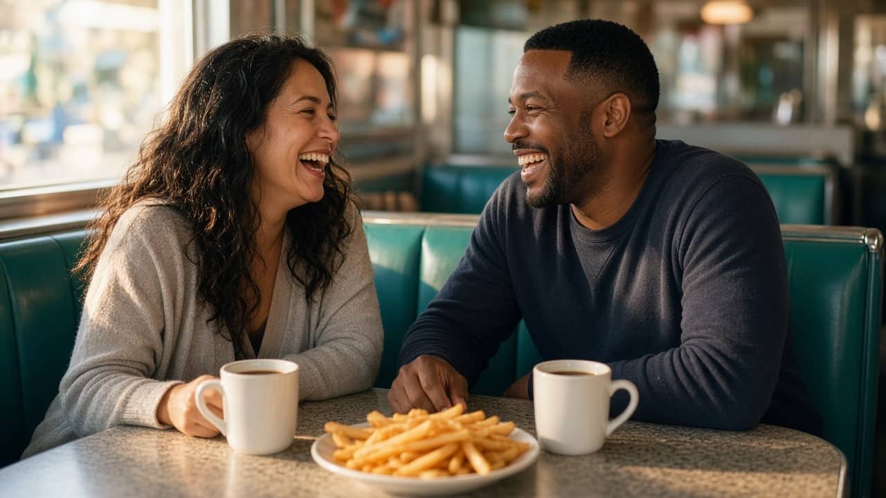 Two people laughing in a neighbourhood diner booth