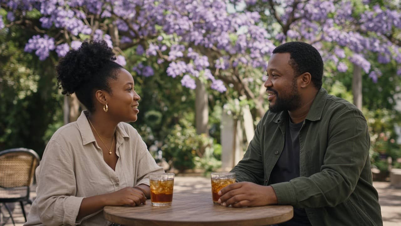 Two people talking at a garden cafe under jacaranda trees