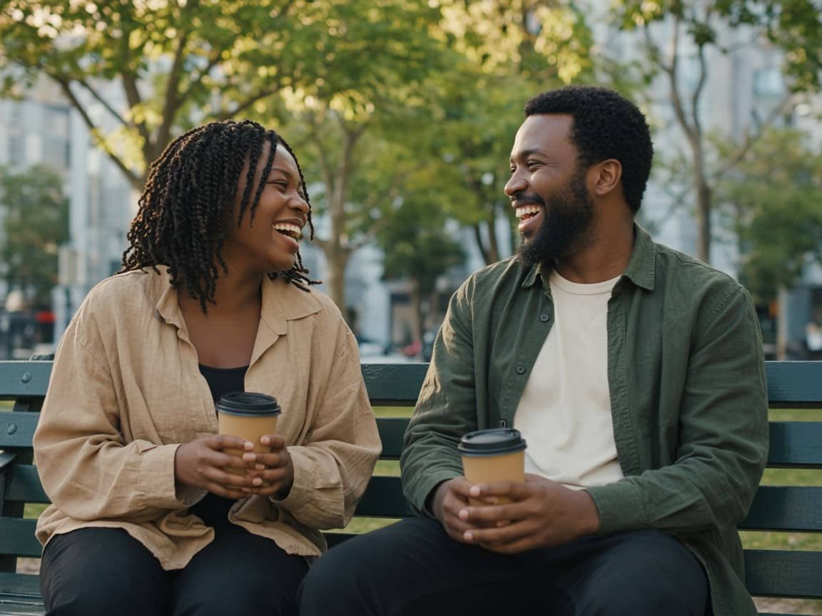Two people laughing on a park bench