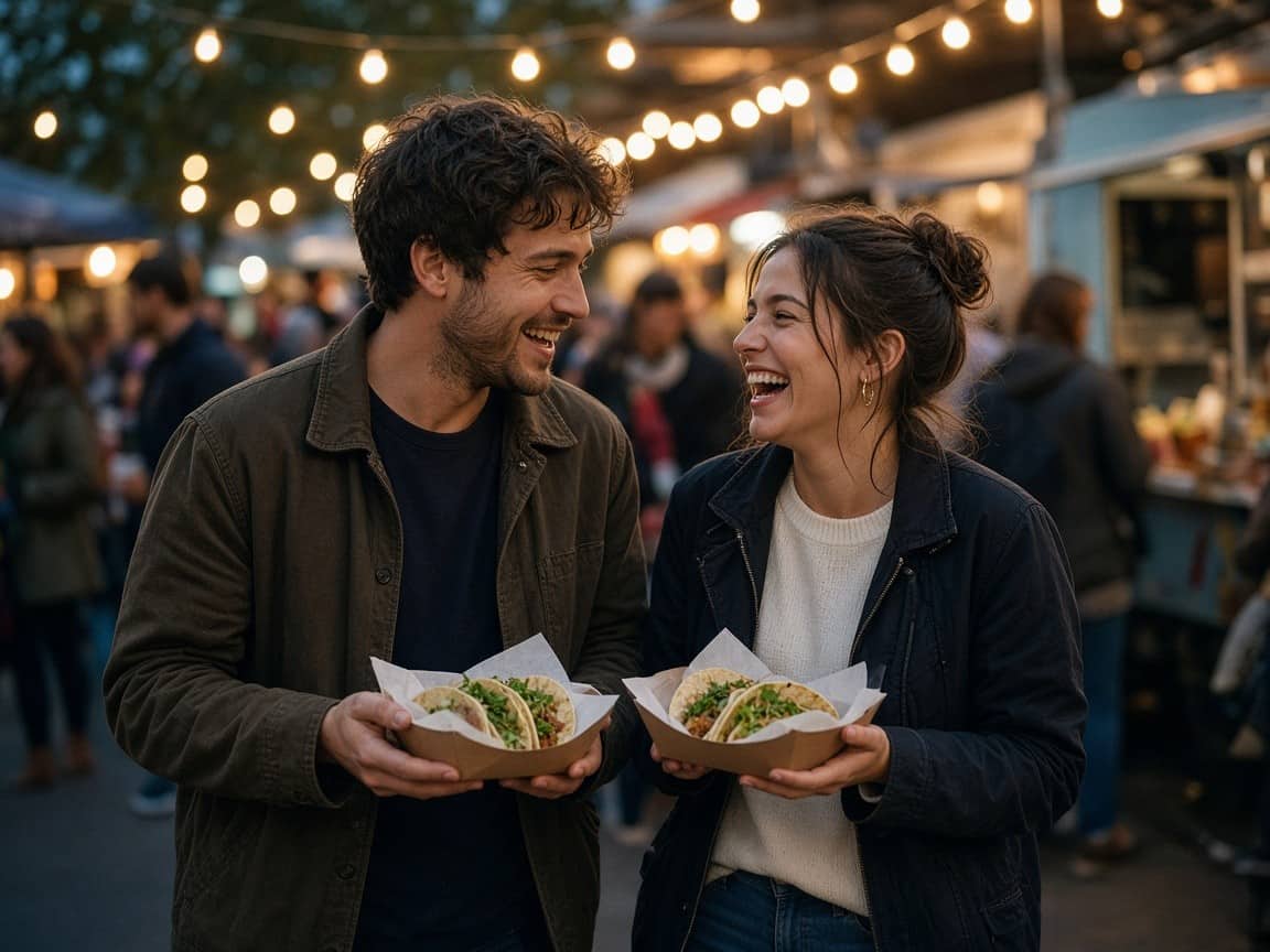 Two people laughing at a street-food market