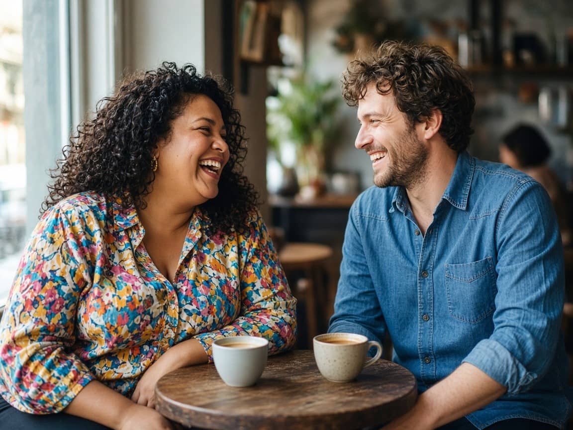 A woman and a man laughing at a cafe table