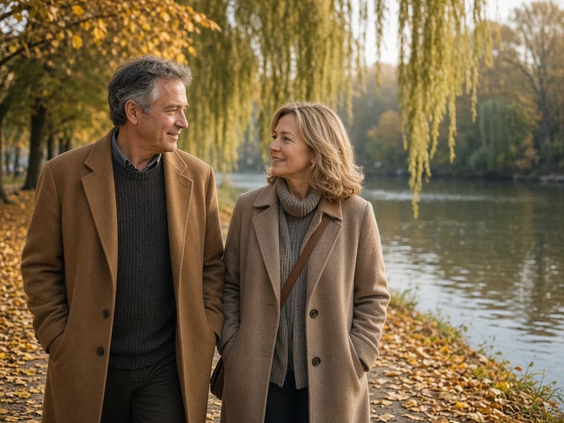 Two people in their forties walking by a river